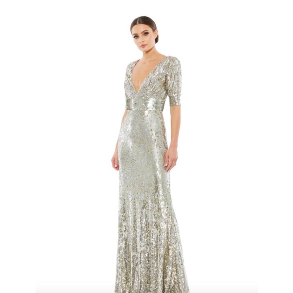 MAC DUGGAL Dress Size 8 Evening Gown Sequin Silver NEW Short Sleeve Platinum